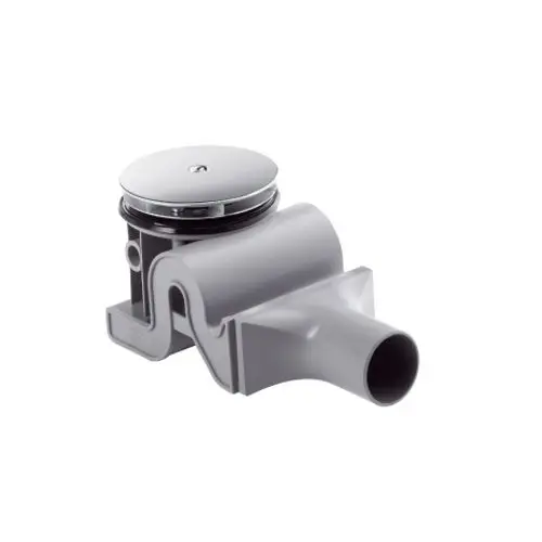 Graues Ablaufset von Hansgrohe mit rundem Deckel und seitlichem Anschluss. Das Produkt ist für den Einsatz in Badezimmern konzipiert.